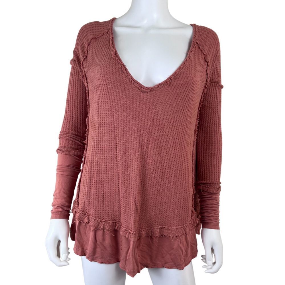 Free People Laguna Women Size XS Orange Waffle Knit Distressed Boxy Top Sweater